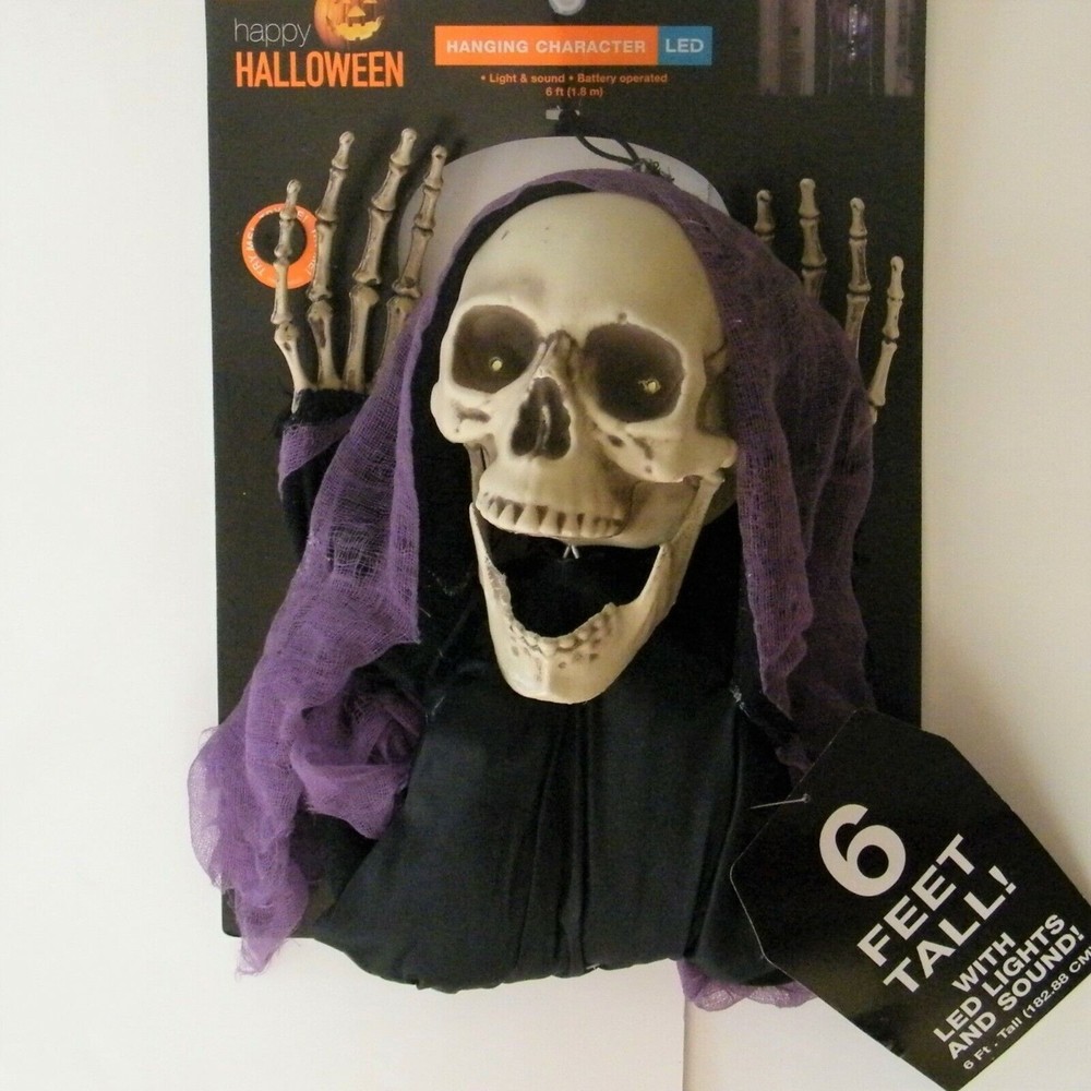 Hanging Skeleton Character 6 FT LED Light Sounds Happy Halloween Spooky Prop